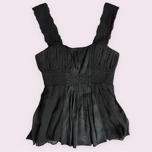 Black Lace-Trim Pleated Women's Tank Top